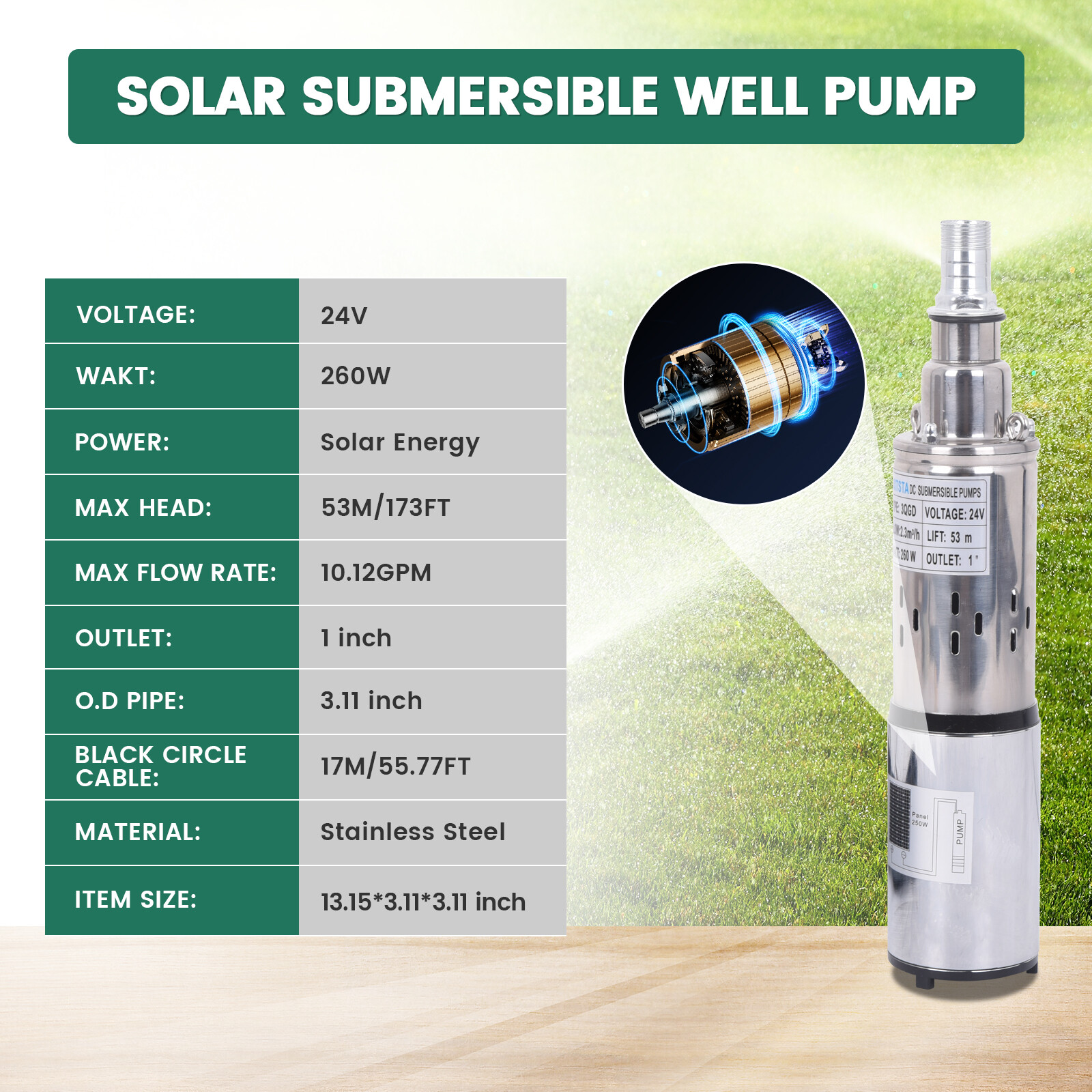 260W 24V Solar Water Pump Deep Well Solar Submersible Pump head 53m stainless