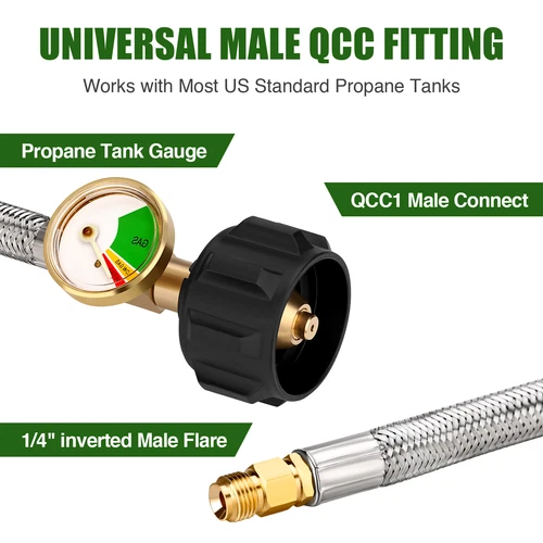 2025 2 Pack 15 inch Stainless RV Propane Hose with Gauge QCC1/ Type 1 Connection - Picture 5 of 35