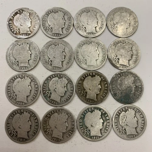 Barber Dimes Lot of 16 Silver 10C Coins 1898-1915