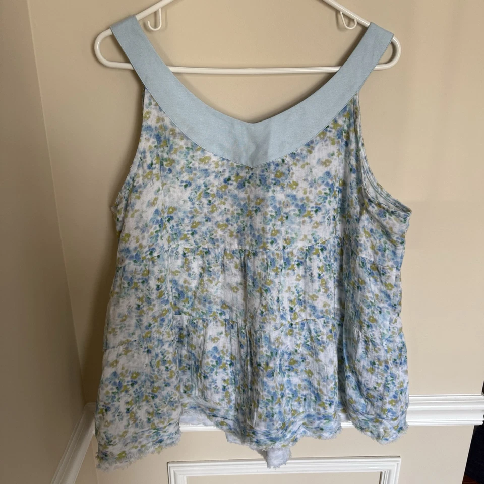 Pantalones de mezclilla tribales talla grande azul claro profundo cuello en V estampado floral en capas Foto 3 de 4