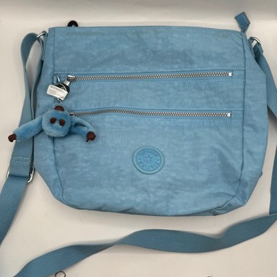 Kipling Crossbody Bag Women Medium Light Blue Nylon Multi-Pocket Monkey Charm