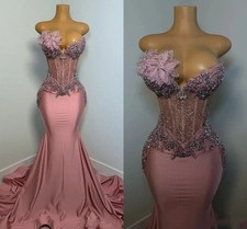 Gorgeous Dusty Pink Prom Dresses Sparkly Crystals Beaded Mermaid Evening Gowns