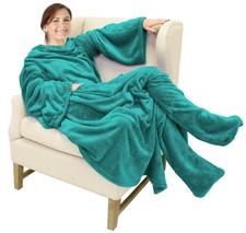 Wearable Fleece Blanket with Sleeves and Foot Pockets for Adult Women Men, Mi...