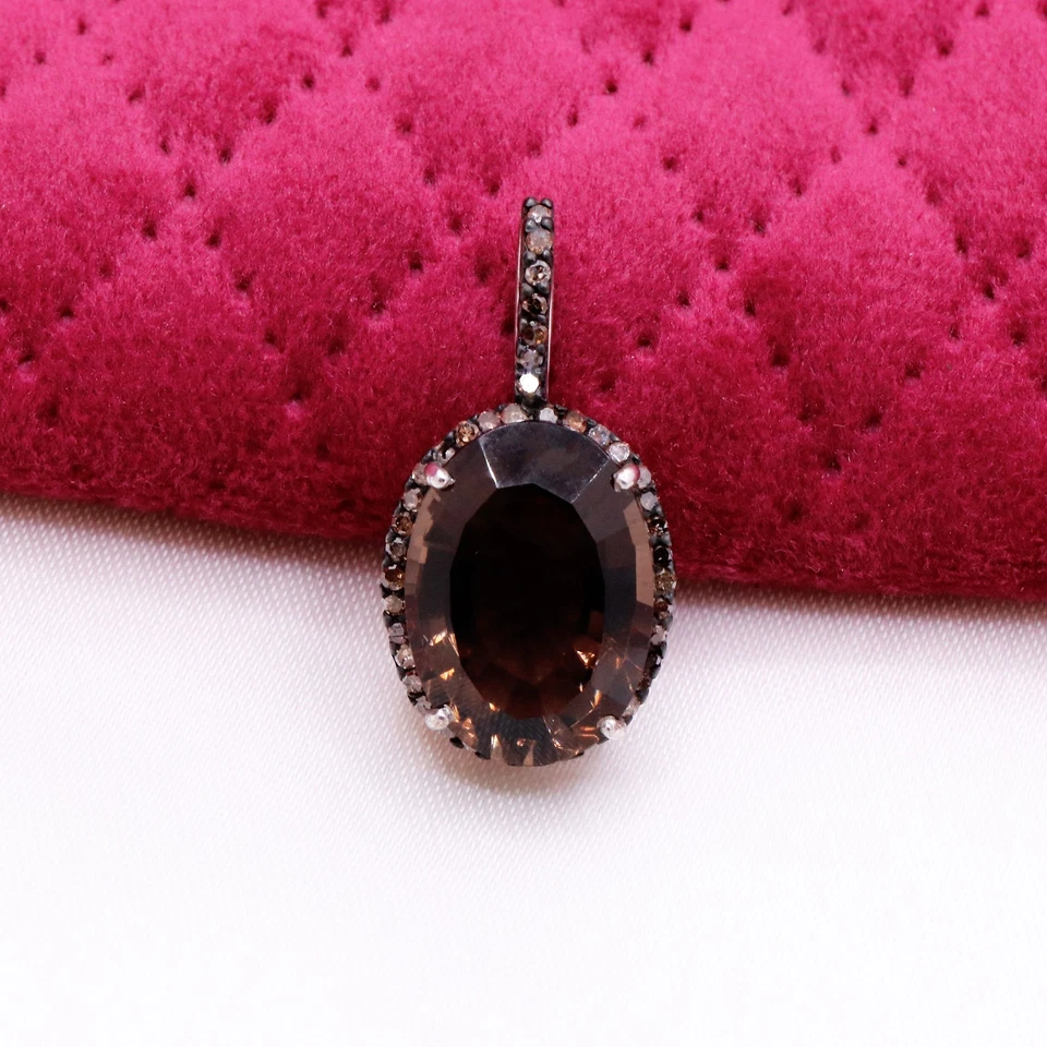 Natürlich Oval Schliff Rauchquarz & Diamant Anhänger 925 Sterlingsilber Schmuck - Bild 3 von 4