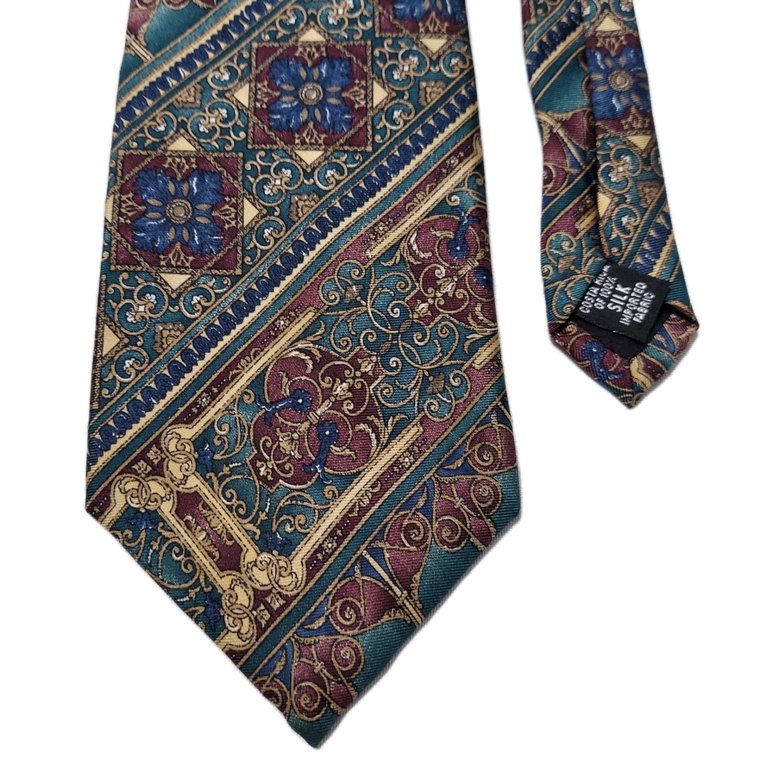 Bill Blass Silk Tie Teal Burgundy Gold Medallion Baroque Pattern