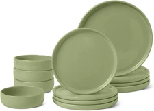 Glazed Stoneware Dinnerware 12 Piece Set 4 Full Place Settings Olive