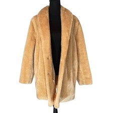 VTG Faux Fur Coat Womens Size 8 Honey Beige Shawl Collar Made in USA Retro Glam