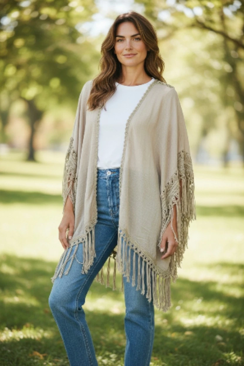 Boho Crochet Fringe Kimono Wrap Cardigan Taupe Open Front Poncho One Size