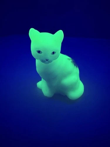 VTG FENTON Satin Uranium Glass Cat Figurine Hand Painted  Floral Design Signed