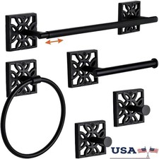 5 PC Matte Black Bathroom Accessories Set Wall Mounted Towel Rack Hooks Holder