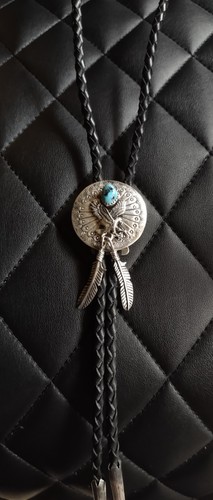 American Eagle Feathers Turquoise Bolo Tie Sterling Silver Signed RB Vintage 