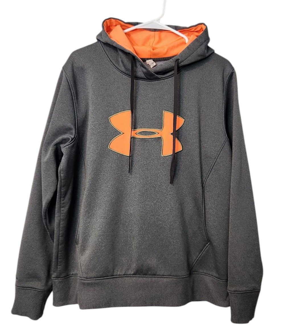 Under Armour Hoodie Men's XL Gray Neon Orange Logo Pullover Cold Gear  Sweatshirt