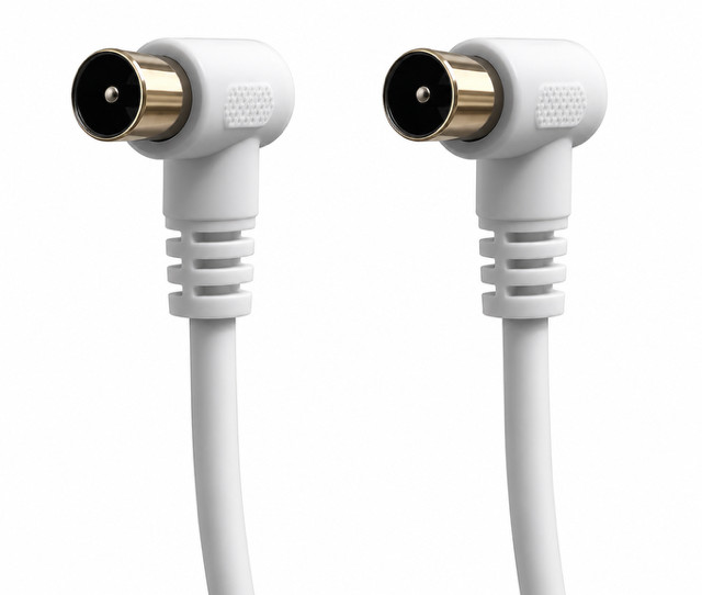 White 1.5m Male Coax Plug to Plug Cable with 90 Degree Right Angled Connectors
