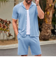 Men's 2 Piece Outfit Vintage Short Sleeve Button Down Knit Shorts Sets