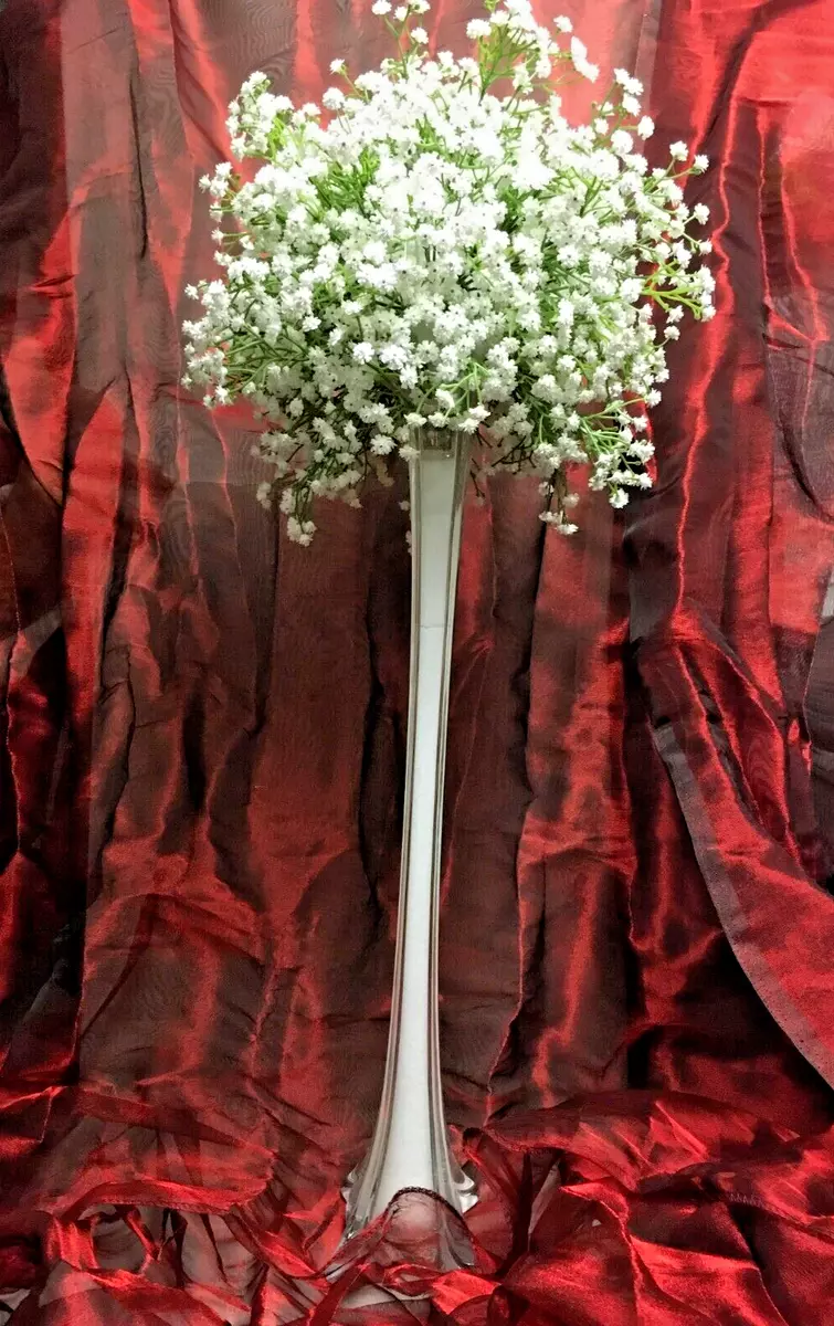 20 Glass Eiffel Tower Vase decorated w/Baby's breath ready for your party  table