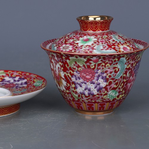 4.4" China ancient antique Qing Dynasty Red background Enamel Sancai Gaiwan - Picture 4 of 6