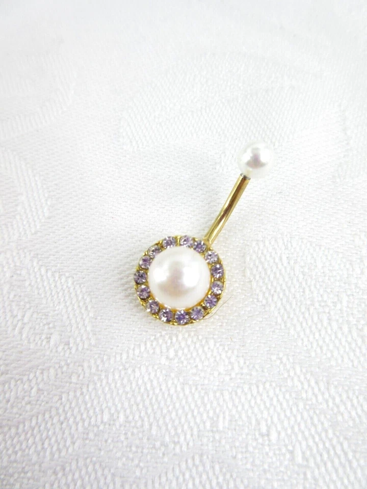 Anillo ombligo perla ombligo corte redondo de 1,0 quilates enchapado en oro amarillo de 14 quilates Foto 4 de 4