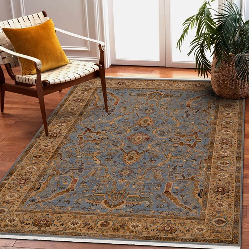 Oriental NATURAL WOOL Rugs "KESHAN" fringe vintage Ornament frame beige / blue - Picture 2 of 9