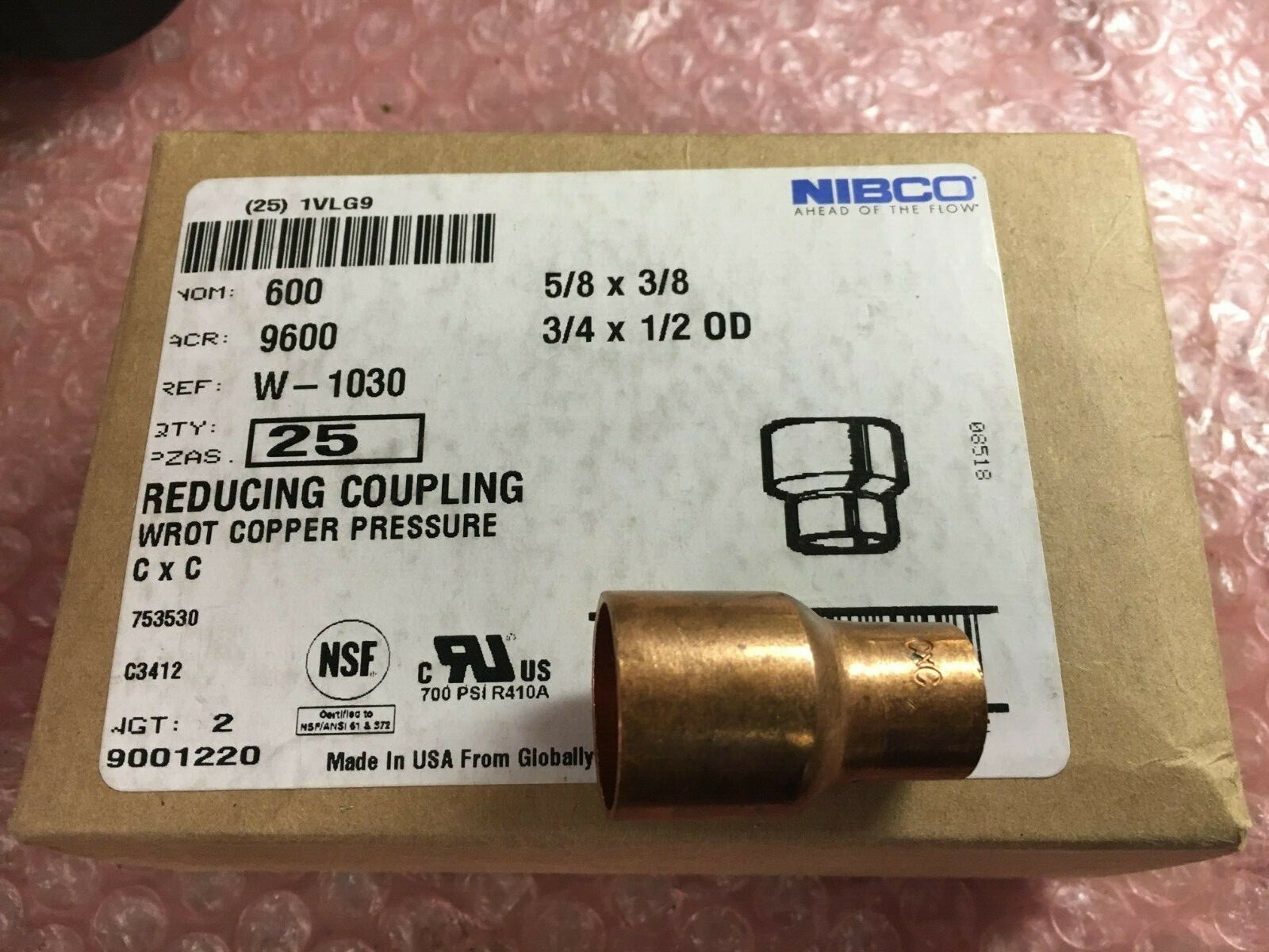 New! Box of (25) Copper Reducer 5/8" Coupling x 3/8" Coupling