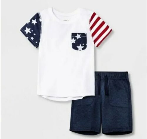 Toddler Boys Cat & Jack Red,White,Blue Star & Stripe 4T Shorts T-Shirt Set NWT