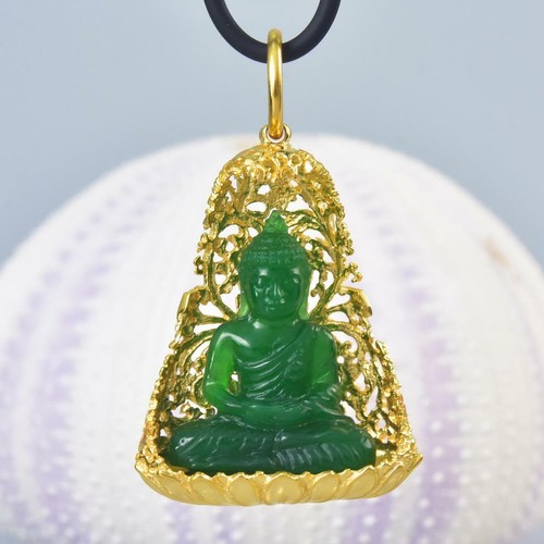 Buddha Bild Gold Vermeil Sterling Bodhi Baum Grün Chalzedon Anhänger 13.04 G - Bild 4 von 9