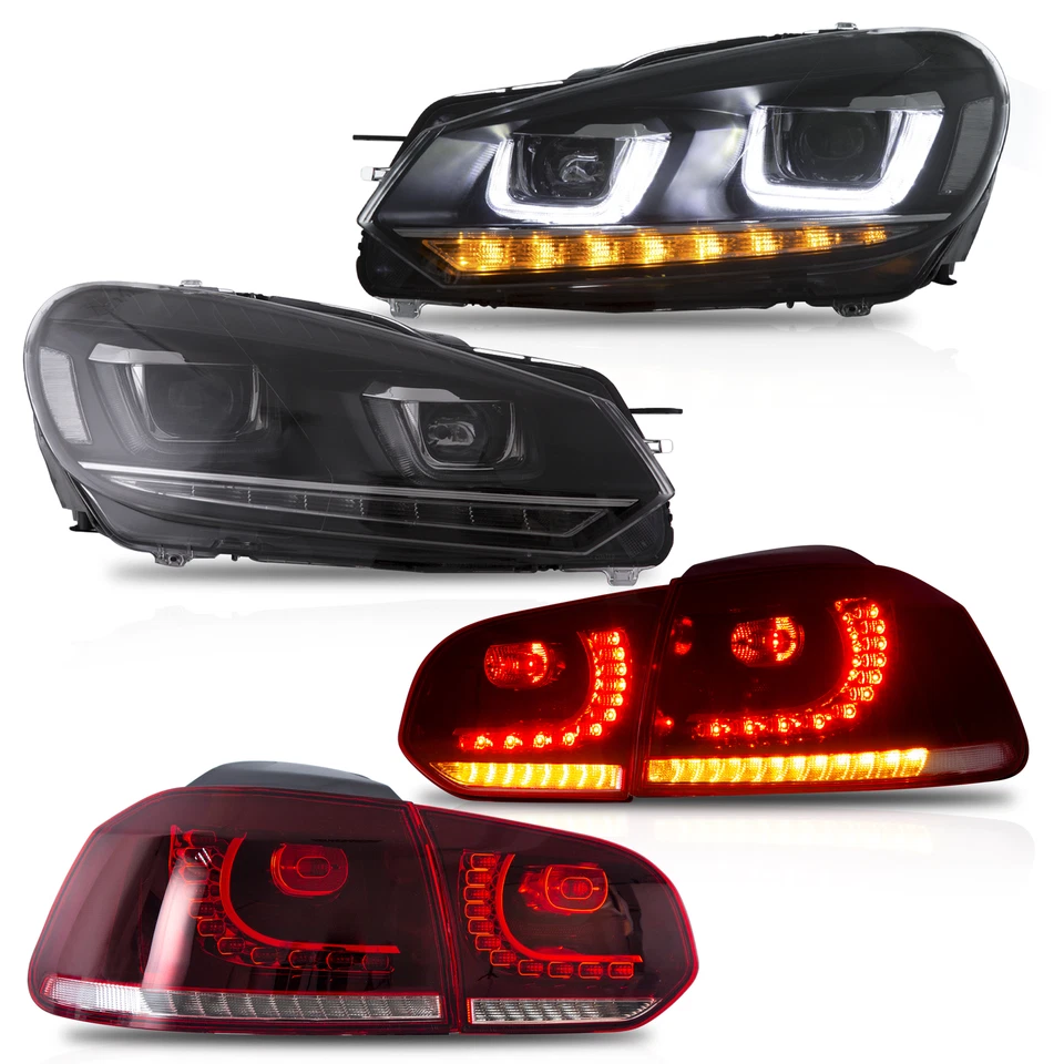 2Sets LED Headlights+Red LED Taillights For 2010-2014 Volkswagen Golf 6 MK6 >I - Image 2 of 4