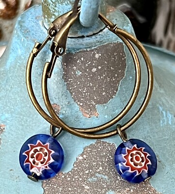 Bronze Lever Back Hoops with Blue and Red Funky Flower Millefiori 