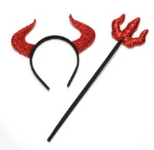 Red Glitter Devil Horns Headband  Trident Set   Halloween Costume Accessory Kit