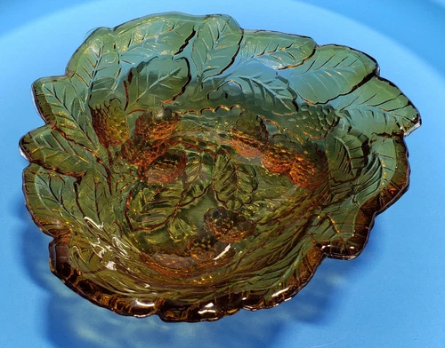Vintage Carnival Glass Bowl Amber Iridescent Grapes and Leaves Design Candy Dish