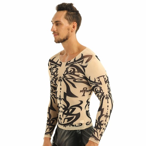 Mens Long Sleeve Mesh See Through T-shirt Fake Tattoo Blouse Shirt Party Fancy - Picture 47 of 56