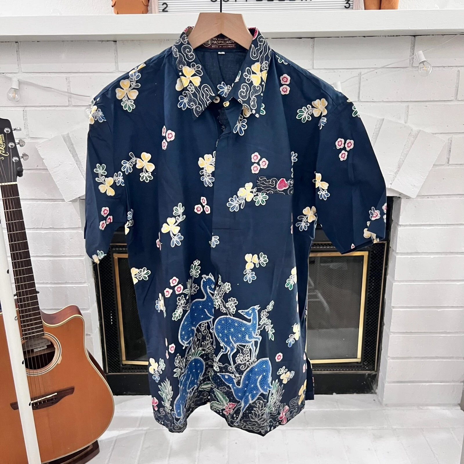 RARE Hadipriyanto Batik Deer Floral Prints Short Sleeve Button Down Shirt
