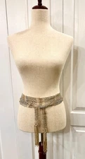 Vintage Woman's 82", Lt Beige Silk Macrame Sash Belt, Faux Marcasite Micro-Beads