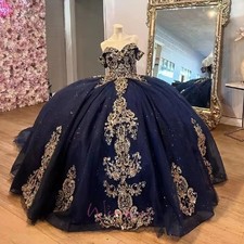 Navy Blue Quinceanera Dress Gold Lace Applique Beading Corset Sweet 16 Ball Gown