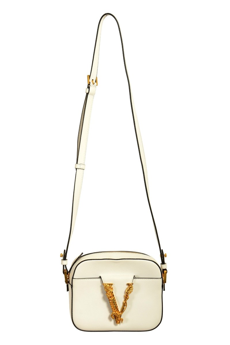 Versace Women's White Leather Gold V-Logo Small Crossbody Shoulder