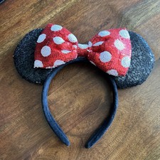 Disney Minnie Mouse Ears Headband Sequin Red  White Poka Dot Bow