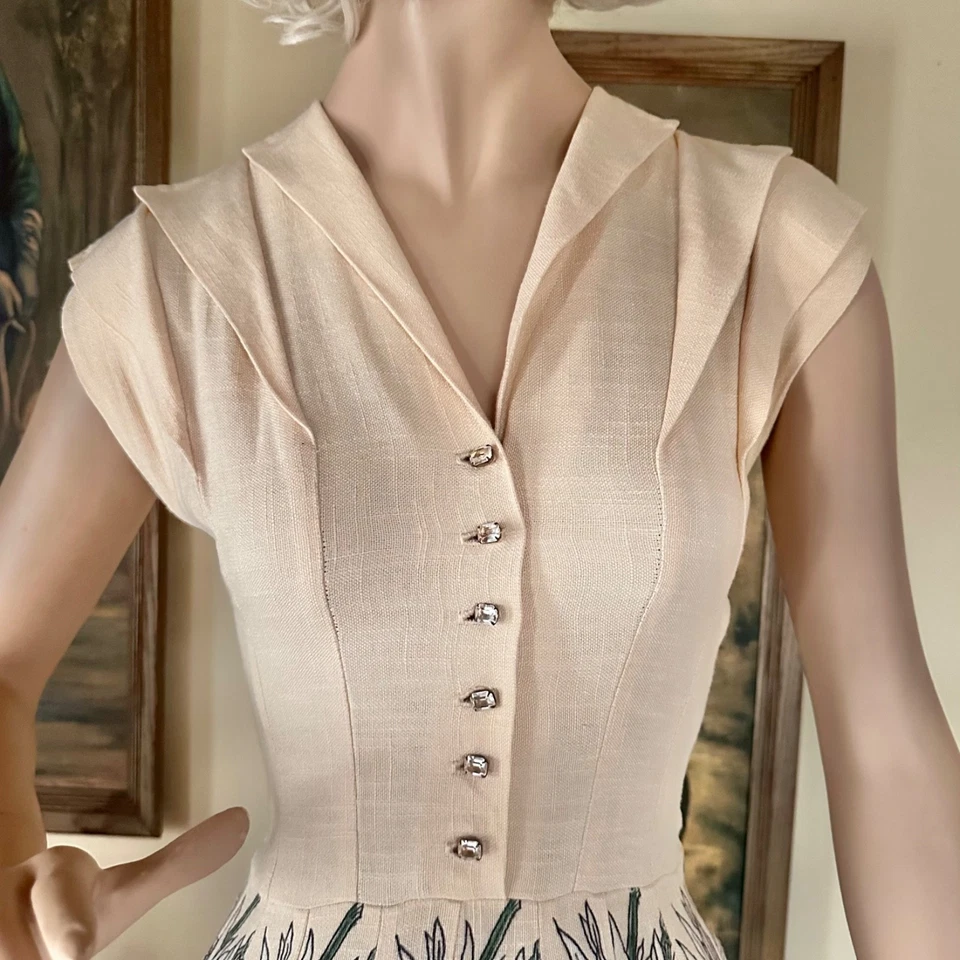 Vestido de Día Cintura Camisa Estampado Novedad Girasoles Atómicos Años 50 De Colección XS Foto 4 de 4