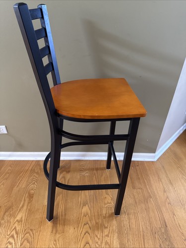 Black Ladder Back Metal Restaurant Barstool - Mahogany Wood Seat