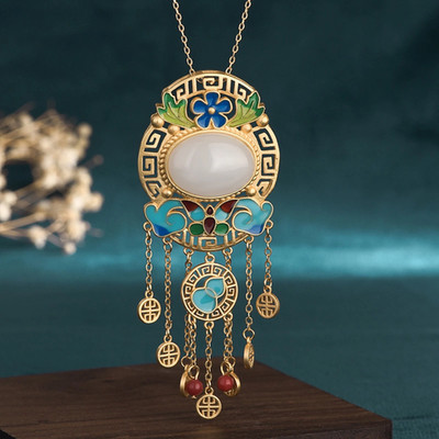 Kette Und Anhänger Metall Golden, Mit Groß Stone Jade Und Bemalt Am Feuer