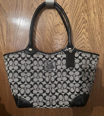 Coach Bleecker Signature black and gray canvas tote with patent 