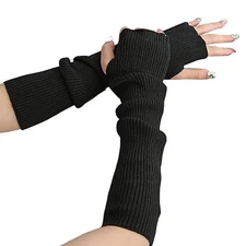Soft Women Arm Warmer, Winter Long Fingerless Gloves with Thumb Hole, Black