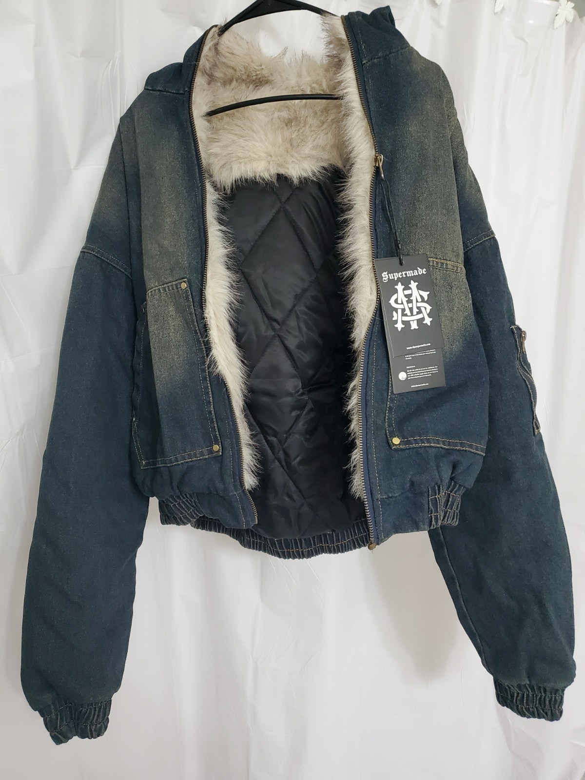 Supermade Washed Denim Fur Hooded Jacket Size S NWT