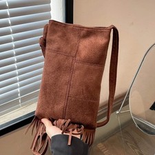 Faux Suede Fringe Crossbody Bag Dark Brown Patchwork Festival Purse