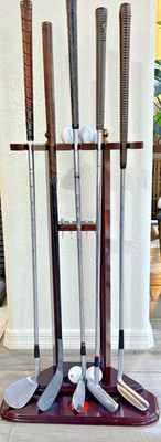 Vintage Right Handed Golf Clubs Lot Chipper Sand Wedge Putters + Wood Rack