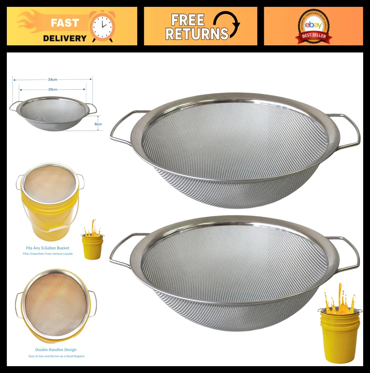 2 Pack Stainless Steel Fine Mesh Paint Strainer for 5 Gallon Bucket, Filter Impu