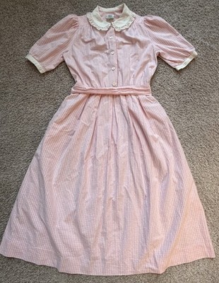 1980s Laura Ashley Pink Gingham Puff Sleeve Cottagecore Prairie Dress US 12