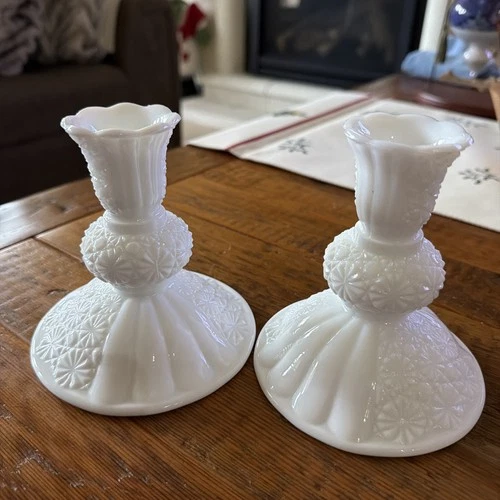 Pair Olde Virginia Glassware by Fenton  Milk Glass Daisy & Button Candle Holders