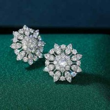 3Ct Lab Created VVS1 D Diamond Halo Flower Stud Earrings 14K White Gold Finish