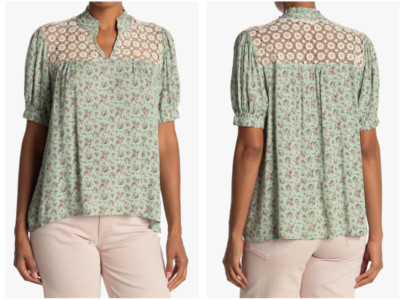 EVERLEIGH Seafoam Green Floral Print Ivory Crochet Lace Yoke Blouse M Nordstrom