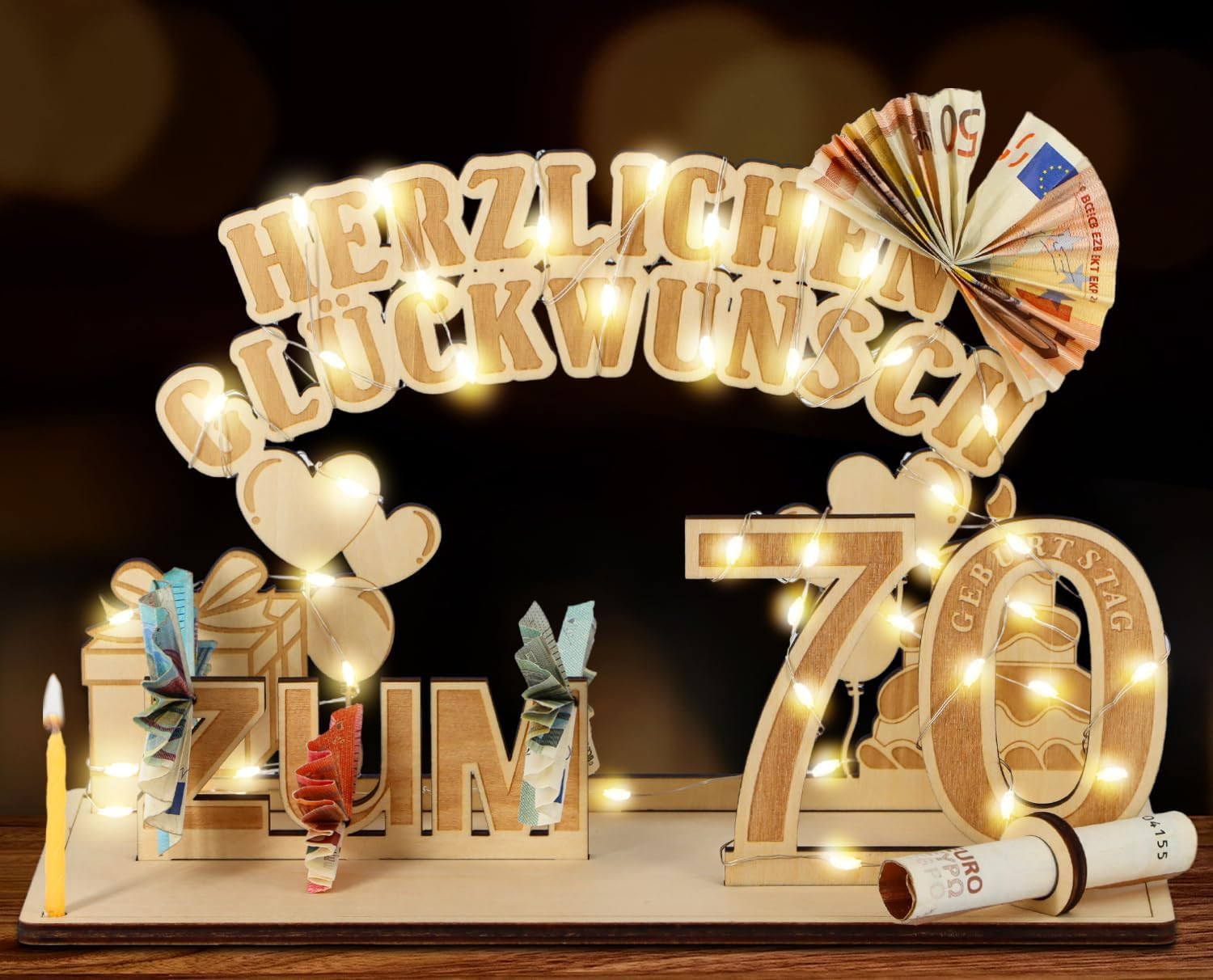 Geburtstagsgeschenk Originell 70. Geburtstag Geldgeschenke Holz Mit LED Lichterk