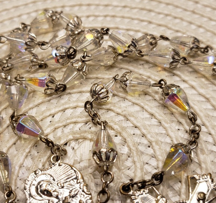 Vintage Rosary Acorn Shaped Crystal Aurora Borealis Beads